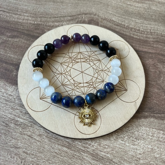 Hand Crafted Jewelry - Protect&Transmute 18kGoldPlated amethyst/ LapisLazuli/selenite/blackTourmalin #1